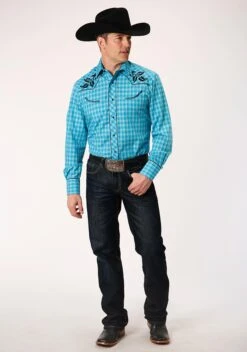 Roper Turquoise & Grey Long Sleeve Western Shirt -Stetson Clothing Shop 0100100163051b
