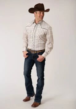 Roper Tan & Cream Long Sleeve Western Shirt -Stetson Clothing Shop 0100100163057c