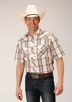 Roper Cream & Brown Short Sleeve Plaid