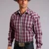 Stetson Maroon Plaid Long Sleeve Snap - Tall