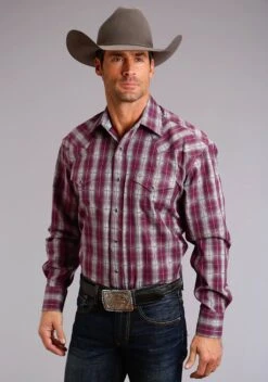 Stetson Maroon Plaid Long Sleeve Snap - Tall