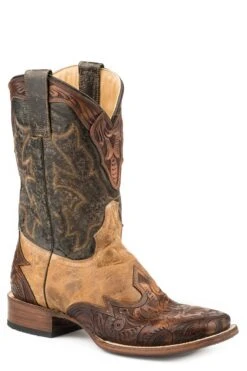 Stetson Crackled Tan Hand Tooled Square Toe Boot
